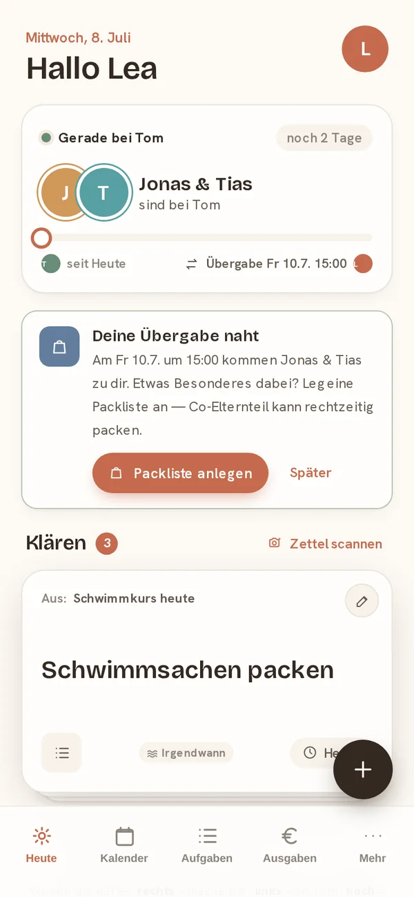hetito App, Heute-Ansicht: Jonas & Tias sind heute bei Tom, Übergabe Freitag 15:00 — mit Erinnerung, die Packliste anzulegen