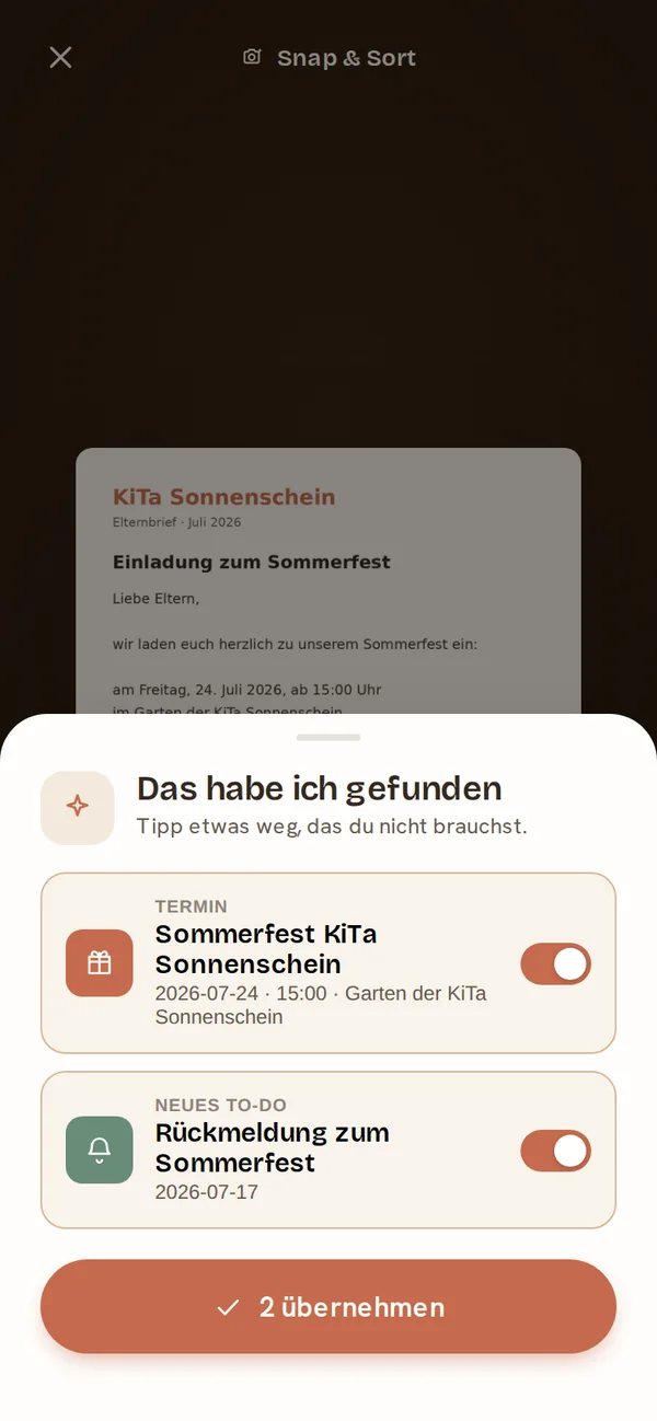 Snap & Sort in hetito: Ein fotografierter KiTa-Elternbrief wird per KI erkannt — Termin Sommerfest und To-Do Rückmeldung werden automatisch vorgeschlagen