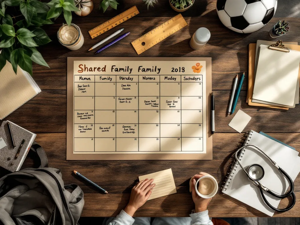 Ein gemeinsamer Familienkalender auf einem Holztisch, umgeben von Schulmaterial, einem Fußball, einem Stethoskop und einem kleinen Rucksack.