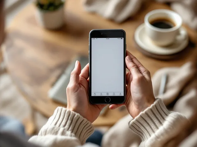 Zwei Hände halten ein Smartphone mit einer Co-Parenting-App, im Hintergrund ein Wohnzimmer mit Holztisch und Notizbuch.