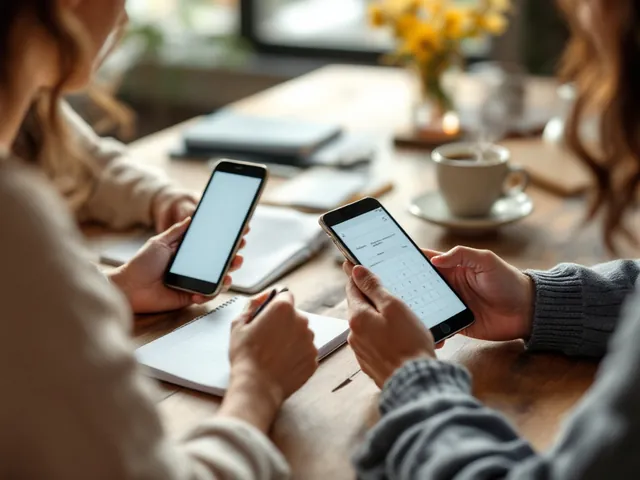 Zwei Hände halten Smartphones über einem Tisch mit Kalender und Notizbuch – Symbol für digitale Co-Parenting-Lösungen.