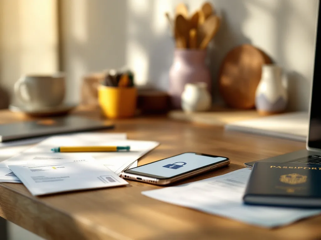 Ein Smartphone mit einer sicheren Dokumenten-App liegt auf einem Schreibtisch neben physischen Dokumenten wie Impfpass und U-Heft.