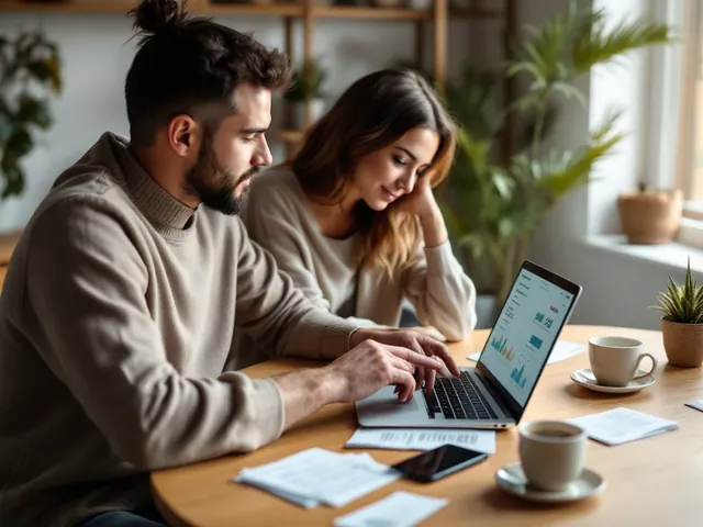 Zwei Eltern sitzen an einem Tisch und besprechen gemeinsam Kinderkosten am Laptop, während Belege und ein Smartphone mit einer Finanz-App daneben liegen.