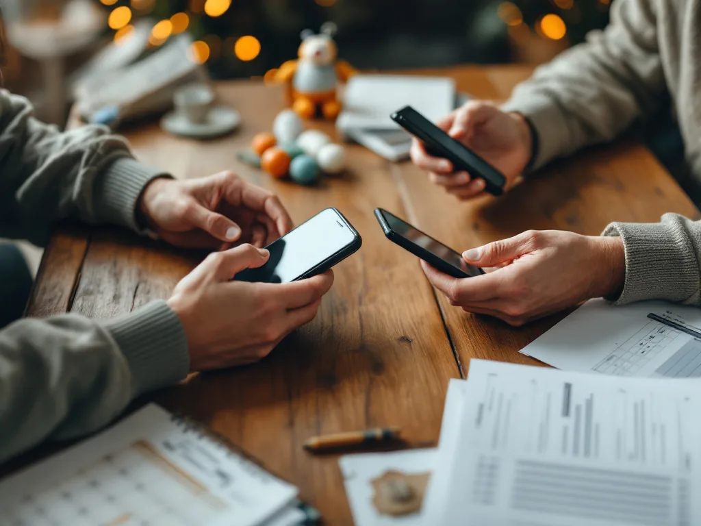 Zwei Hände halten Smartphones über einem Tisch mit Dokumenten und einem Kalender – Symbol für digitale Organisation im Co-Parenting.