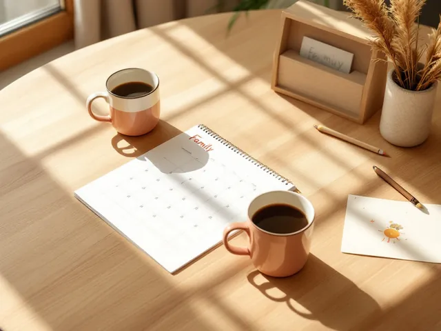 Zwei Eltern sitzen an einem Holztisch und schauen gemeinsam auf einen Kalender und ein Smartphone mit einer Co-Parenting-App.