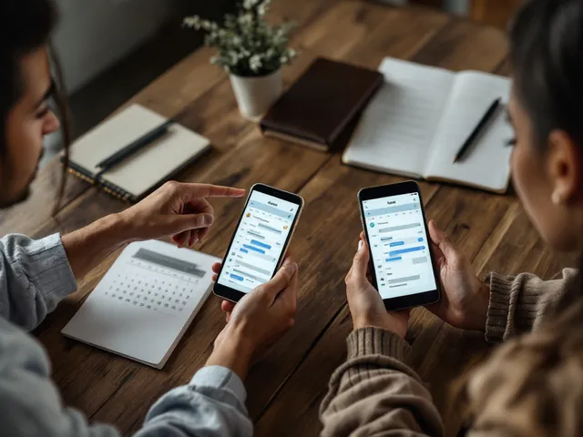 Zwei Elternteile sitzen an einem Tisch mit Kalender und Notizen und schauen gemeinsam auf ein Smartphone mit einem geteilten digitalen Kalender.