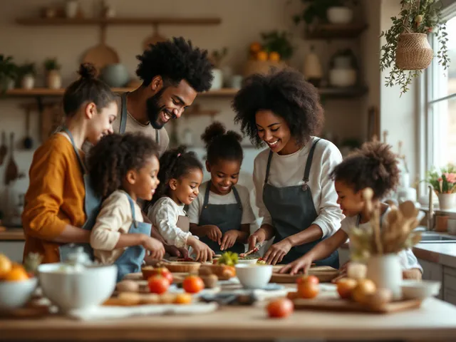 Eine Patchwork-Familie bereitet gemeinsam in einer warmen Küche eine Mahlzeit zu. Erwachsene und Kinder arbeiten harmonisch zusammen.