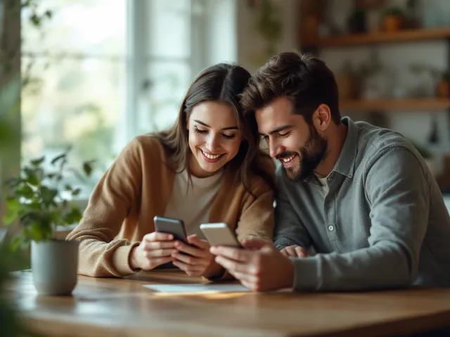 Zwei Elternteile sitzen an einem Holztisch und schauen gemeinsam auf ein Smartphone, während sie entspannt eine Absprache treffen.