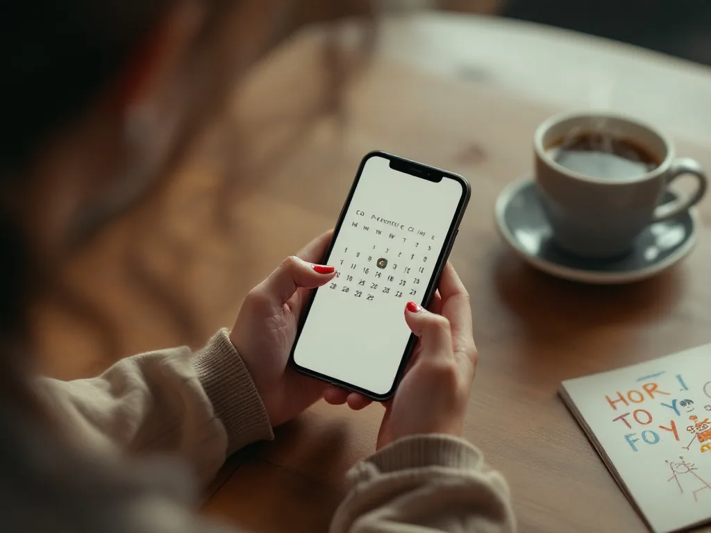 Zwei Hände halten ein Smartphone mit einem Betreuungsplan in einer Co-Parenting-App, im Hintergrund eine Tasse Kaffee und eine Kinderzeichnung.