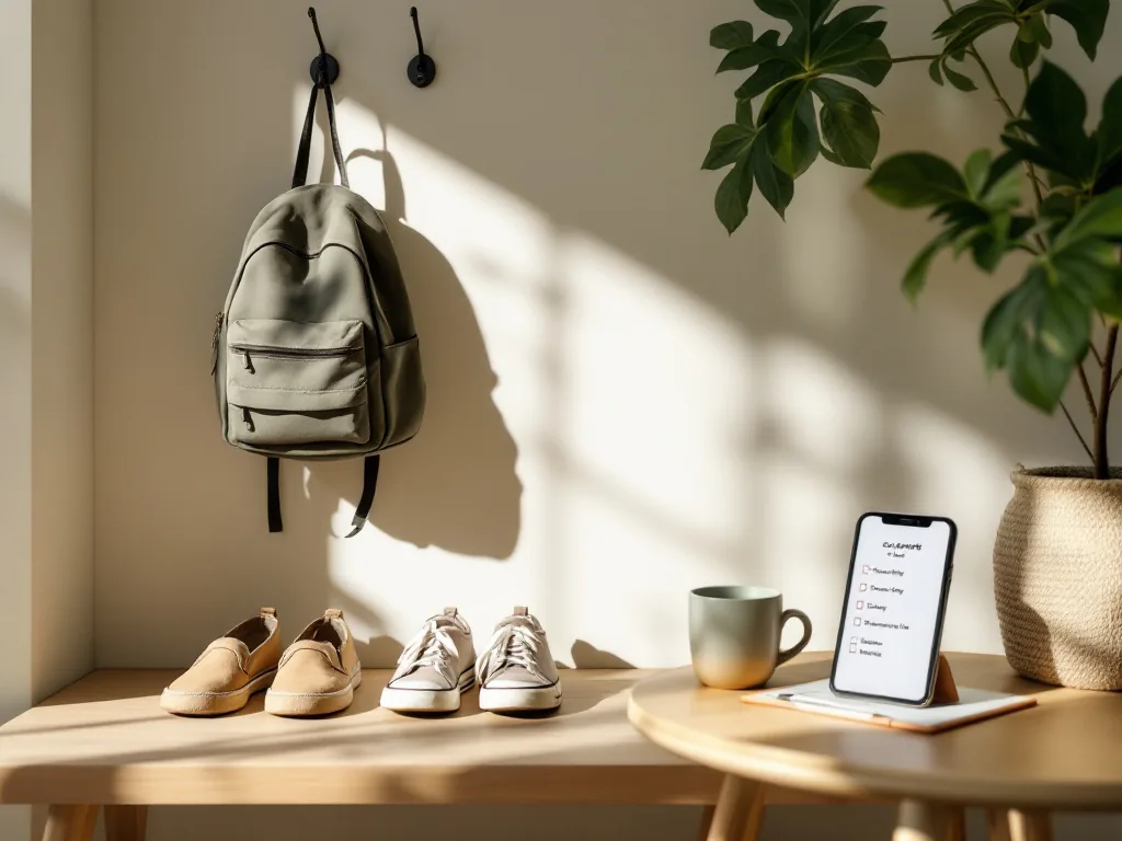 Ein gut organisierter Flur mit einem Kinderrucksack, Schuhen, einer Packliste auf einem Klemmbrett und einem Smartphone mit einer Co-Parenting-App.