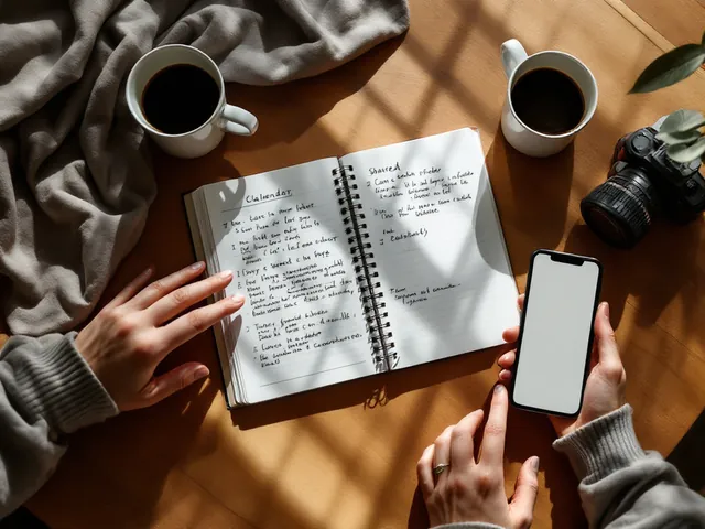 Ein Küchentisch mit zwei Kaffeetassen, einem gemeinsamen Kalender und einem Smartphone, auf dem eine Co-Parenting-App geöffnet ist.