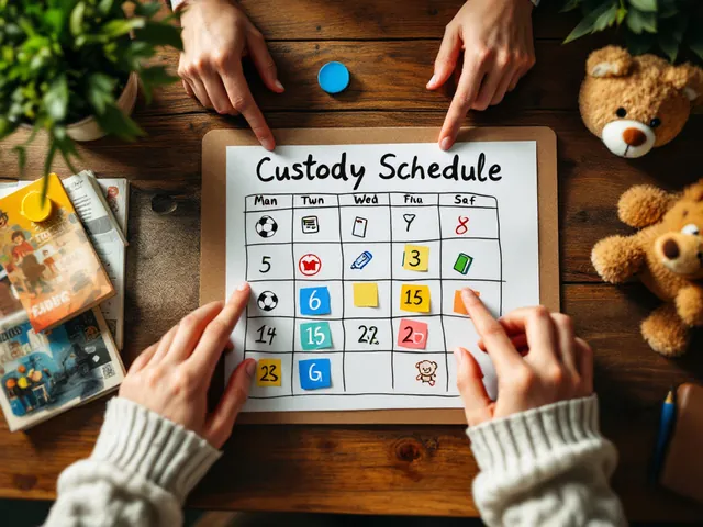Ein Küchentisch mit einem farbigen Kalender, der einen Umgangsplan für Kinder zeigt. Symbole wie ein Fußball oder ein Buch markieren Aktivitäten.