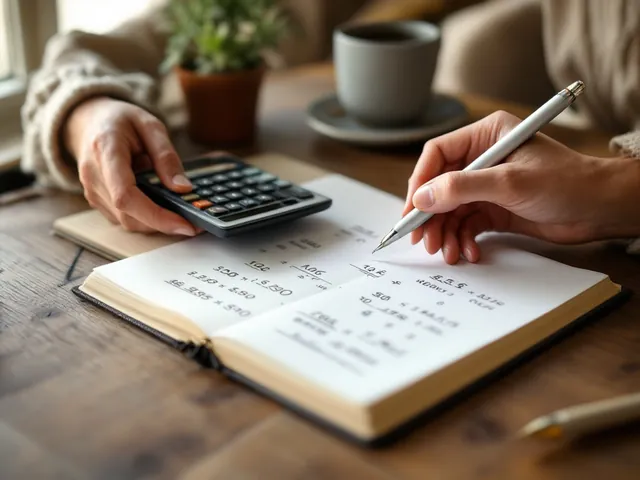 Zwei Hände halten einen Taschenrechner und einen Stift über ein Notizbuch mit finanziellen Berechnungen.
