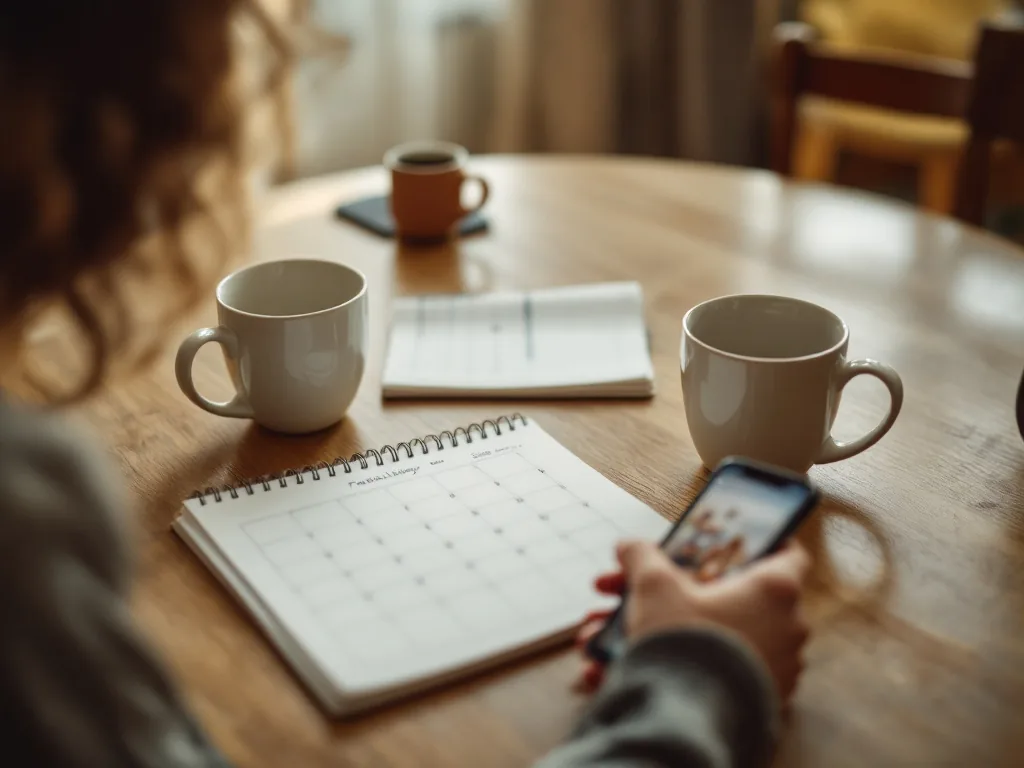 Ein Küchentisch mit zwei Kaffeetassen, einem Notizbuch und einem Smartphone, das einen gemeinsamen Kalender zeigt – Symbol für Planung im Wechselmodell.