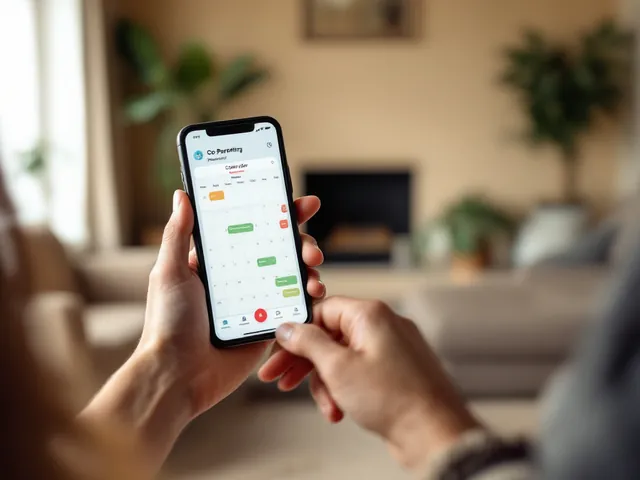 Zwei Hände halten ein Smartphone mit einer Co-Parenting-App, die einen gemeinsamen Kalender anzeigt. Im Hintergrund ein unscharfes, warmes Wohnzimmer.