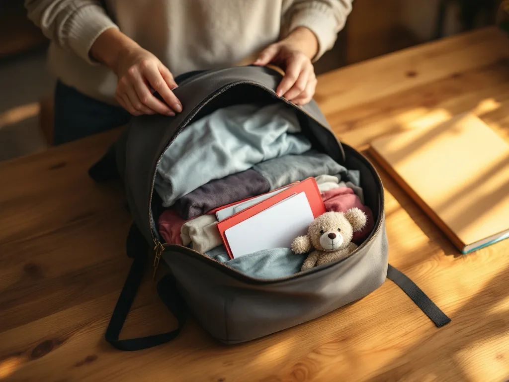 Eine Hand packt einen Rucksack für die Übergabe: Kleidung, ein Spielzeug und Dokumente liegen auf einem Holztisch.